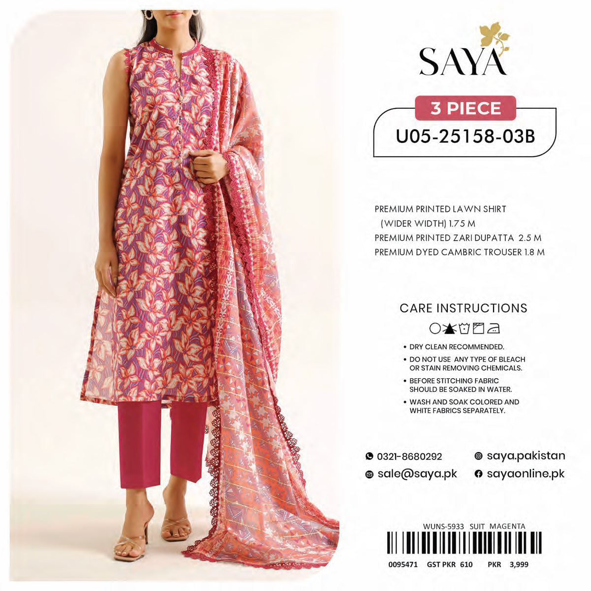 SAYA 3PC PRINTED LAWN UNSTITCHED COLLECTIONS