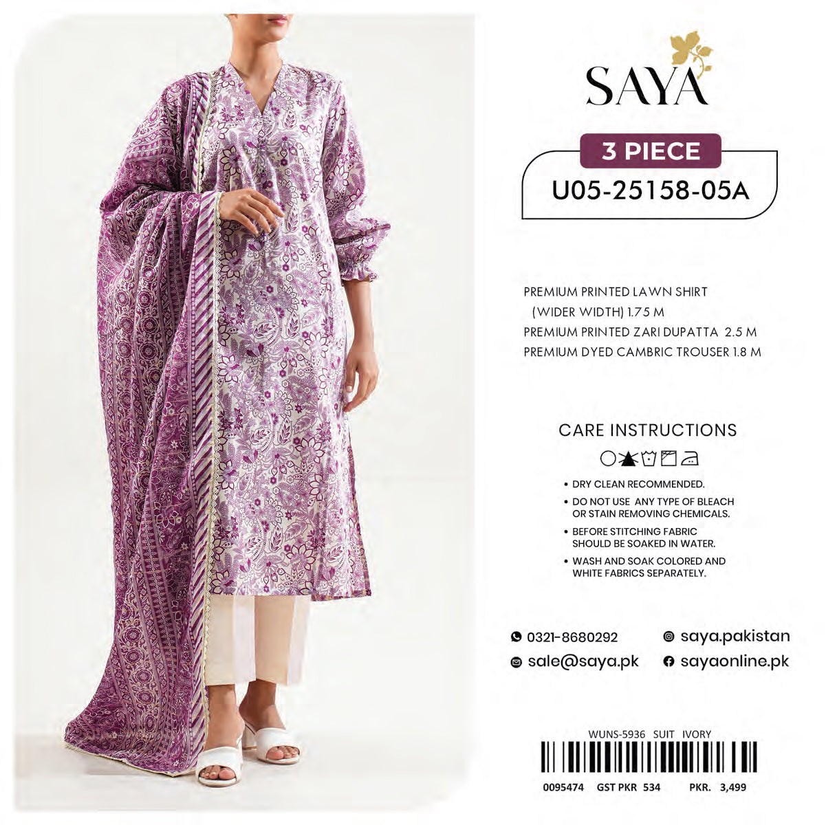 SAYA 3PC PRINTED LAWN UNSTITCHED COLLECTIONS